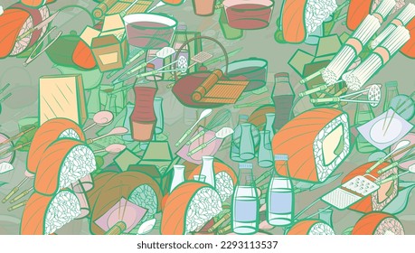 Background pattern abstract design texture. Seamless. Cutlery and Japanese food. Theme is about chopsticks, packet, wok, Potato Maker, roll salmon, spoon, holes, ladle, spatula, sauce cup
