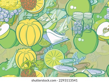 Background pattern abstract design texture. Seamless. Fruits and Table setting. Theme is about grapes, leaflet, orange, salt shaker, incision, napkins, knife, couple, fork, fruit, cloth napkin