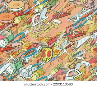 Background pattern abstract design texture. Seamless. Building tools and Repair. Theme is about shine, spatula, paint roller, nuts, concrete, fire tools, sledgehammer, hand tool, repairs