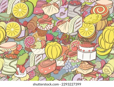 Background pattern abstract design texture. Seamless. Snacks and Fruits. Theme is about caviar, pineapple, slices, mandarin, caramel, topping, sweet, cheese, roll, star, covered, wand, cake