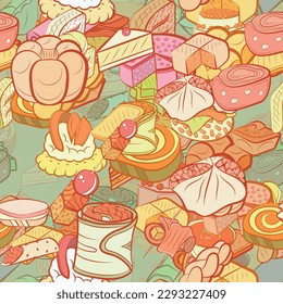 Background pattern abstract design texture. Seamless. Snacks and Bakery products. Theme is about vitamins, sausage, wrapped up, round, soup, rice, bread, satiety, sennit, lettuce leaf, basket