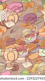 Background pattern abstract design texture. Seamless. Bakery products and Snacks. Theme is about sweetness, slice, caramel, mini cake, six-pointed, salad, cherry, spicy, fish, filling, dough