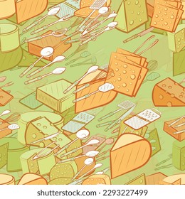 Background pattern abstract design texture. Seamless. Cutlery and Cheeses. Theme is about ladle, meat hammer, triangle, grater, share, meat fork, many holes, slice, classical, masher, solid