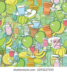 Background pattern abstract design texture. Seamless. Drinks and Fruits. Theme is about saucer, bottle, wineglass, round grapes, pear, bunch, kvass, fetus, pineapple, berries, Cup, glass