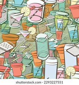 Background pattern abstract design texture. Seamless. Cutlery and Drinks. Theme is about cup, coffee, saucer, meat hammer, kvass, wineglass, ladle, scooped, potato peeler, aluminum, ice cream