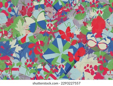 Background pattern abstract design texture. Seamless. Theme is about spring, tree, Pipevine, decoration, linden, bow, seasonal, love, animal tracks, composition, colorful, illustration