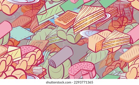 Background pattern abstract design texture. Seamless. Bakery products and Table setting. Theme is about sandwich, twist, biscuit, container, salt shaker, saucer, common, a sandwich, round