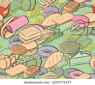 Background pattern abstract design texture. Seamless. American food and Bakery products. Theme is about round, piece, mini buns, two-layer, cutlet, pizza, steak, hamburger, American cake