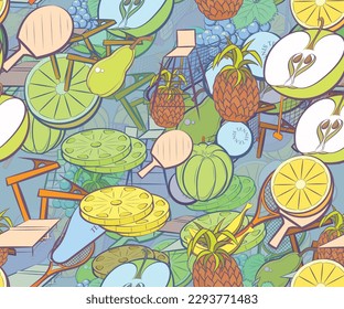 Background pattern abstract design texture. Seamless. Tennis and Fruits. Theme is about racket, clip, case, observer, pinch, table, fruit, mini-tennis, bunch, peel, cut, fetus, pieces, tennis balls