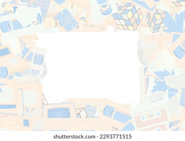 Background pattern abstract design texture. Pastel. Border frame, transparent background. Theme is about boombox, VHS, composition, parks, birch, nature, maple, clock, greenery, flora, cassette