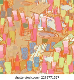 Background pattern abstract design texture. Seamless. Table setting and Alcohol. Theme is about , squares, cool, gin, for ladies, wine, Russian, pepper pot, mixture, fork, cutting board