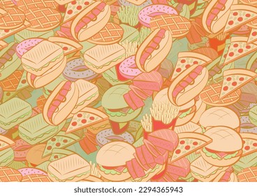 Background pattern abstract design texture. Seamless. American food. Theme is about cutlet, topping, American cake, waffles, donut, potato, french fries, bakery products, meat, pizza, Hot Dog