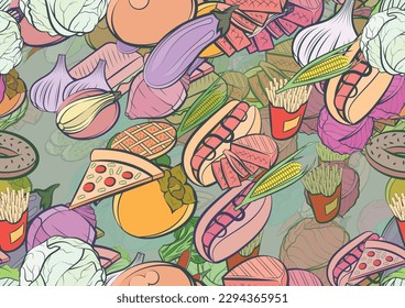 Background pattern abstract design texture. Seamless. Health food and American food. Theme is about hot peppers, pods, hamburger, cut, heads, eggplant, fetus, nutritious, vegetables, cucumbers