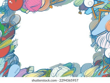 Background pattern abstract design texture. Tennis and Health food. Border frame, transparent background. Theme is about tennis balls, vegetable, whole onion, a stack, sports judge, small