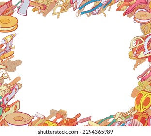 Background pattern abstract design texture. Building tools and Repair. Border frame, transparent background. Theme is about length, drill, hand tool, lamp, rolls down, forceful effect, sledgehammer