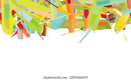 Background pattern abstract design texture. Horizontal seamless stripe. Border frame, transparent background. Theme is about paper knife, marker, ballpoint pen, eraser, cutter, clerical