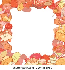 Background pattern abstract design texture. Snacks and Cheeses. Border frame, transparent background. Theme is about strung up, piece of cheese, cherry, remnant, stick, cake, sausage, caramel