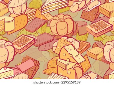 Background pattern abstract design texture. Seamless. Cheeses and Bakery products. Theme is about briquette, biscuit, baklava, twist, lies, a sandwich, bakery, no holes, saturated with filling