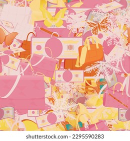 Background pattern abstract design texture. Seamless. Theme is about banknote, shopping, prosperity, lady, earn, merry, ice, luxury, elegance, income, Pipevine, financial, satchel, money