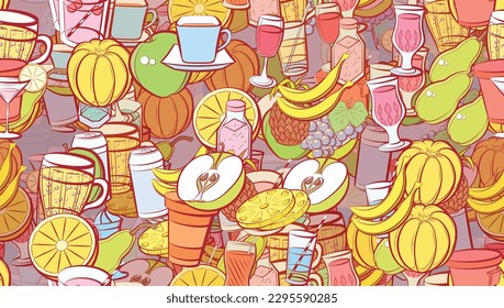 Background pattern abstract design texture. Seamless. Drinks and Fruits. Theme is about kvass, couple, beer, peel, round grapes, glass, lemon, pieces, wine, soda, figured glass, cocktail