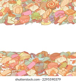 Background pattern abstract design texture. Snacks and Bakery products. Horizontal seamless stripes. Border frame, transparent background. Theme is about satiety, biscuit, lettuce leaf, spiral