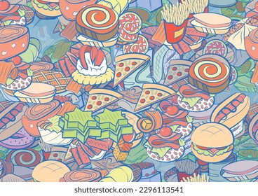Background pattern abstract design texture. Seamless. Snacks and American food. Theme is about sugar, waffles, cucumber roll, sweet, wand, donut, rice, cheese, sweetness, cake, loaf, steak