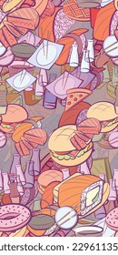 Background pattern abstract design texture. Seamless. Japanese food and American food. Theme is about sauce bottle, waffles, chopsticks, hamburger, roll salmon, sauce cup, sausage, Hot Dog