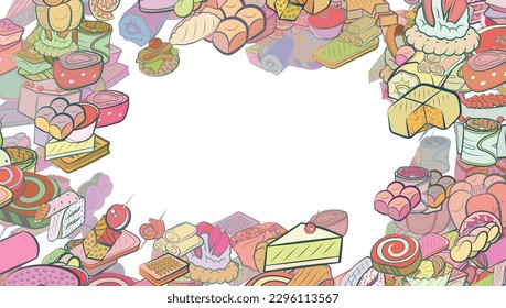 Background pattern abstract design texture. Bakery products and Snacks. Border frame, transparent background. Theme is about cherry, biscuit, strudel, common, meat, cut, Khinkali, fish, cake