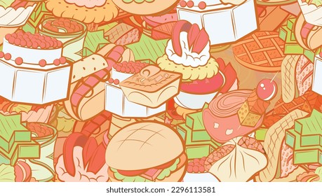 Background pattern abstract design texture. Seamless. American food and Snacks. Theme is about waffles, twisted, lettuce leaf, cheese, potato, spiral, sweetness, pizza, fish, sausage, cherry
