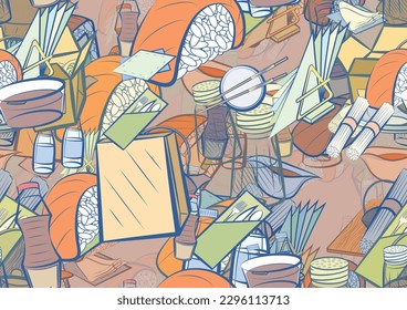 Background pattern abstract design texture. Seamless. Table setting and Japanese food. Theme is about plate, cup, wok, bamboo mat, food sticks, tea, squares, saucer, fork, sushi, pepper pot