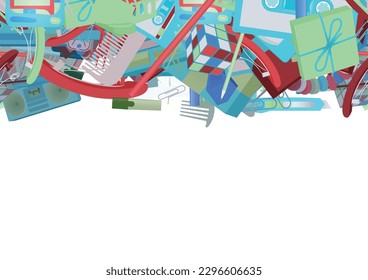 Background pattern abstract design texture. Horizontal seamless stripe. Border frame, transparent background. Theme is about rubix cube, give, holiday, clerical, hair clips, accounting, eraser