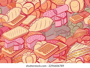 Background pattern abstract design texture. Seamless. Bakery products. Theme is about two-layer, molded, strudel, cake, twist, saturated with filling, a sandwich, braid, bakery, common, cheesecake