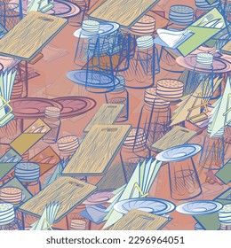 Background pattern abstract design texture. Seamless. Table setting. Theme is about board, napkins, holes, container, tree, knife, saucer, cutting board, salt shaker, squares, napkin, cloth napkin