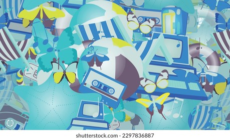 Background pattern abstract design texture. Seamless. Theme is about cartoon, semibreve, umbrella, crotchet, diving, audio, boombox, various, wildlife, notes, Red Admiral, classic, Butterfly