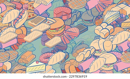 Background pattern abstract design texture. Seamless. Bakery products and American food. Theme is about cake, pizza, mini buns, slice, bakery, stripes, two-layer, lush, filling, Hot Dog