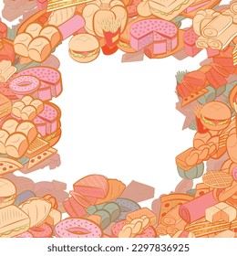 Background pattern abstract design texture. Bakery products and American food. Border frame, transparent background. Theme is about roll, common, pancakes, cheesecake, slice, fried, a sandwich