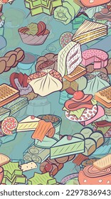 Background pattern abstract design texture. Seamless. Snacks and Bakery products. Theme is about twist, satiety, meat, vitamins, bacon, liquids, cake, soup, a sandwich, salad, strung up