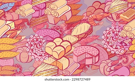 Background pattern abstract design texture. Seamless. Bakery products and Seafood. Theme is about yummy, seafood, fried, nautical, shell, cheese, pancakes, spicy, bread, oceanic, lobster