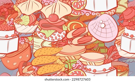 Background pattern abstract design texture. Seamless. Snacks and Seafood. Theme is about fish, tartlet, six-pointed, slice, crab meat, satiety, wand, covered, soup, wrapped up, filling, borscht