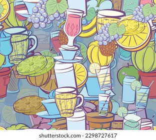 Background pattern abstract design texture. Seamless. Fruits and Drinks. Theme is about incision, pieces, ice cream, bottle, citrus, couple, saucer, cola, orange, slices, plastic, fruit