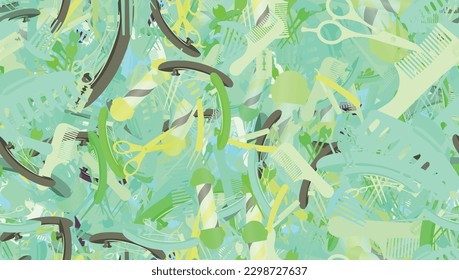 Background pattern abstract design texture. Seamless. Theme is about shaving, hairdressing, barrette, scissors, barber, bobby pin, slip, parlor, hair care, barbershop, hair clips, razor blade
