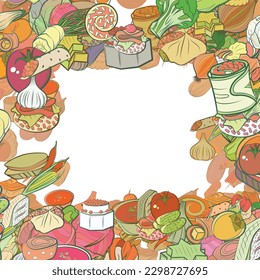 Background pattern abstract design texture. Snacks and Health food. Border frame, transparent background. Theme is about caramel, vitamins, sweetness, whole garlic, jelly, vegetables, borscht