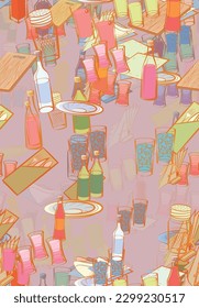 Background pattern abstract design texture. Seamless. Alcohol and Table setting. Theme is about tart, whiskey, glass, saucer, napkin, salt shaker, holes, expensive alcohol, knife, soda, napkins