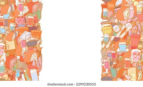 Background pattern abstract design texture. Drinks and Japanese food. Vertical seamless stripes. Border frame, transparent background. Theme is about alcohol, aluminum, sushi salmon, cocktail