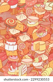 Background pattern abstract design texture. Seamless. Snacks and Cheeses. Theme is about dough, triangle, twisted, chunks, cream, rice, topping, jelly, sweetness, chunk a piece, roll, wrapped up