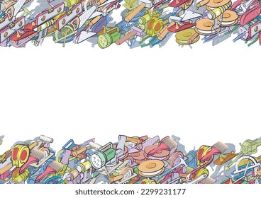 Background pattern abstract design texture. Repair and Building tools. Horizontal seamless stripes. Border frame, transparent background. Theme is about fire tools, nippers, nuts, rolls down