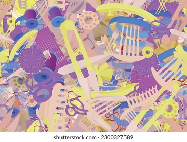 Background pattern abstract design texture. Seamless. Theme is about handicraft, pin, slip, hobby, tailor, bobby pin, kit, tailor Shears, hairpin, fabric, thread, wool, needle, handmade