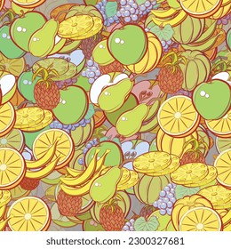 Background pattern abstract design texture. Seamless. Fruits. Theme is about half, fruit, pineapple, pear, branch, couple, lobules, incision, mandarin, fetus, bunch, cut, berries, leaflet
