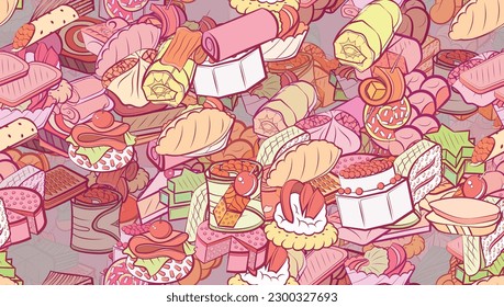 Background pattern abstract design texture. Seamless. Snacks and Bakery products. Theme is about mini cake, biscuit, cake, caramel, stuffed cabbage, six-pointed, fried, saturated with filling