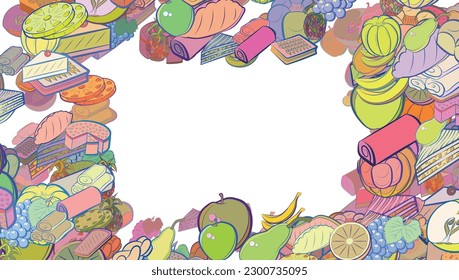 Background pattern abstract design texture. Fruits and Bakery products. Border frame, transparent background. Theme is about cheese, fruit, leaflet, fried, a stack, sennit, Apple, pieces